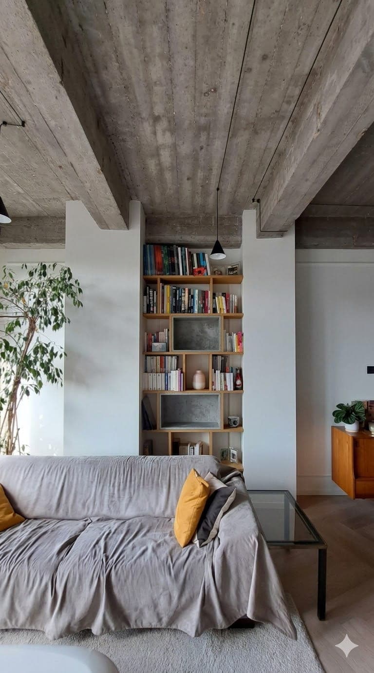 Asymmetrical bookshelf in a living room, made by Topart Home