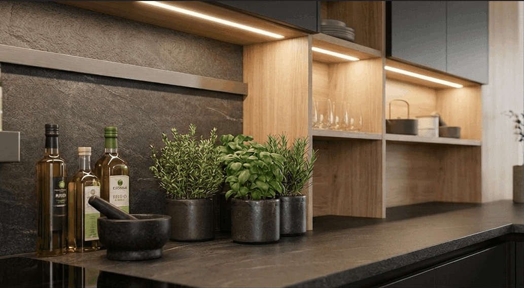 Side view of a custom black kitchen