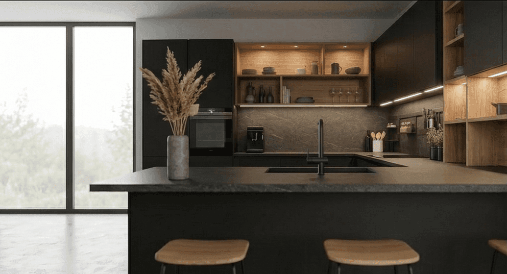 Detail of the fronts and finishes of a matte black kitchen