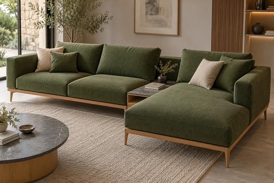 Generated illustration of a green corner sofa with a wooden base, not a real project