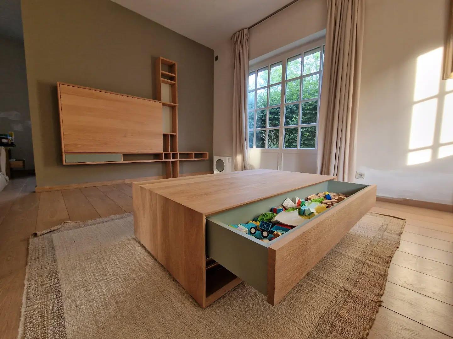 Sliding-panel TV unit and coffee table with storage, made by Topart Home