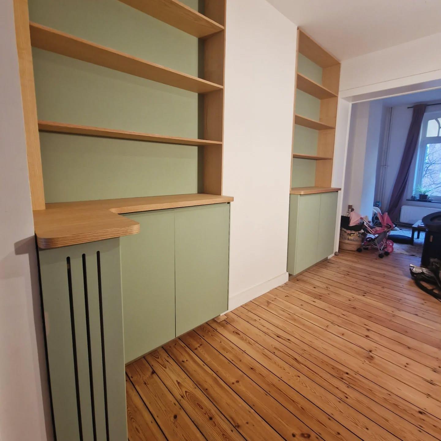 Ash bookshelf and painted storage