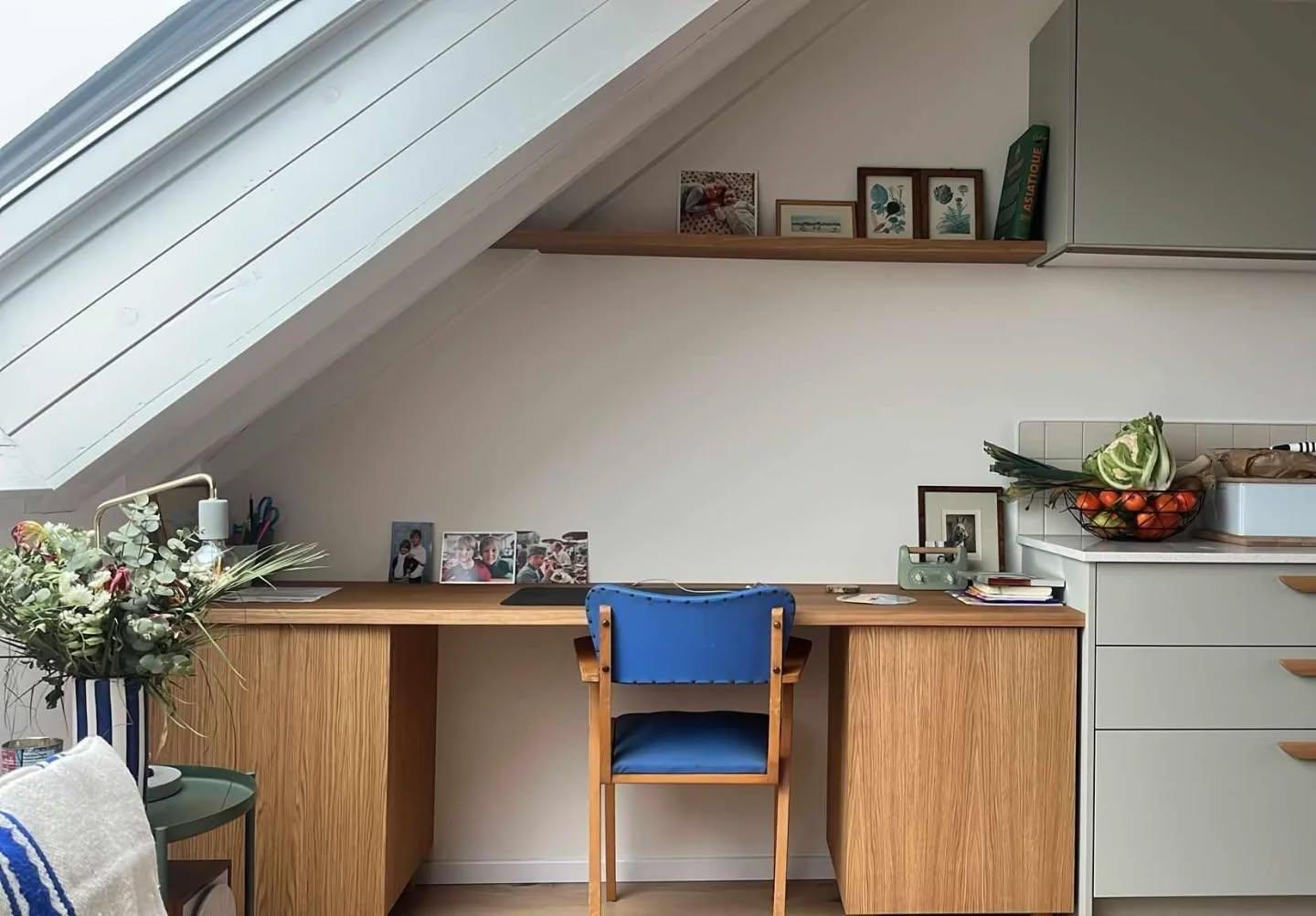 Installed oak desk beside the kitchen