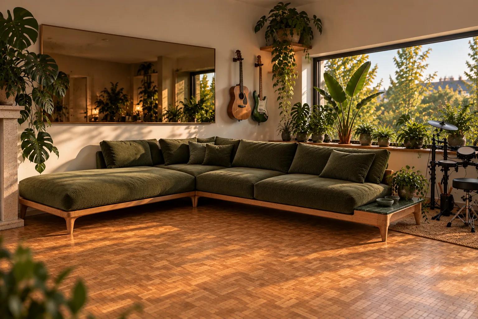 Illustrated concept of a green corner sofa with a side table